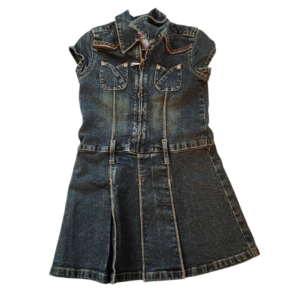 JLO Girls Denim Dress Size 4 Blue Drop Waist 1/2 Zip Pleated Short Sleeve